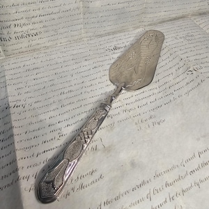 Op de afbeelding: Een zilverkleurige metalen taartschep met een langwerpig driehoekig blad voorzien van een gegraveerd bladpatroon en een decoratief handvat met gestructureerde geometrische details. Het keukengerei heeft een gepolijste afwerking.