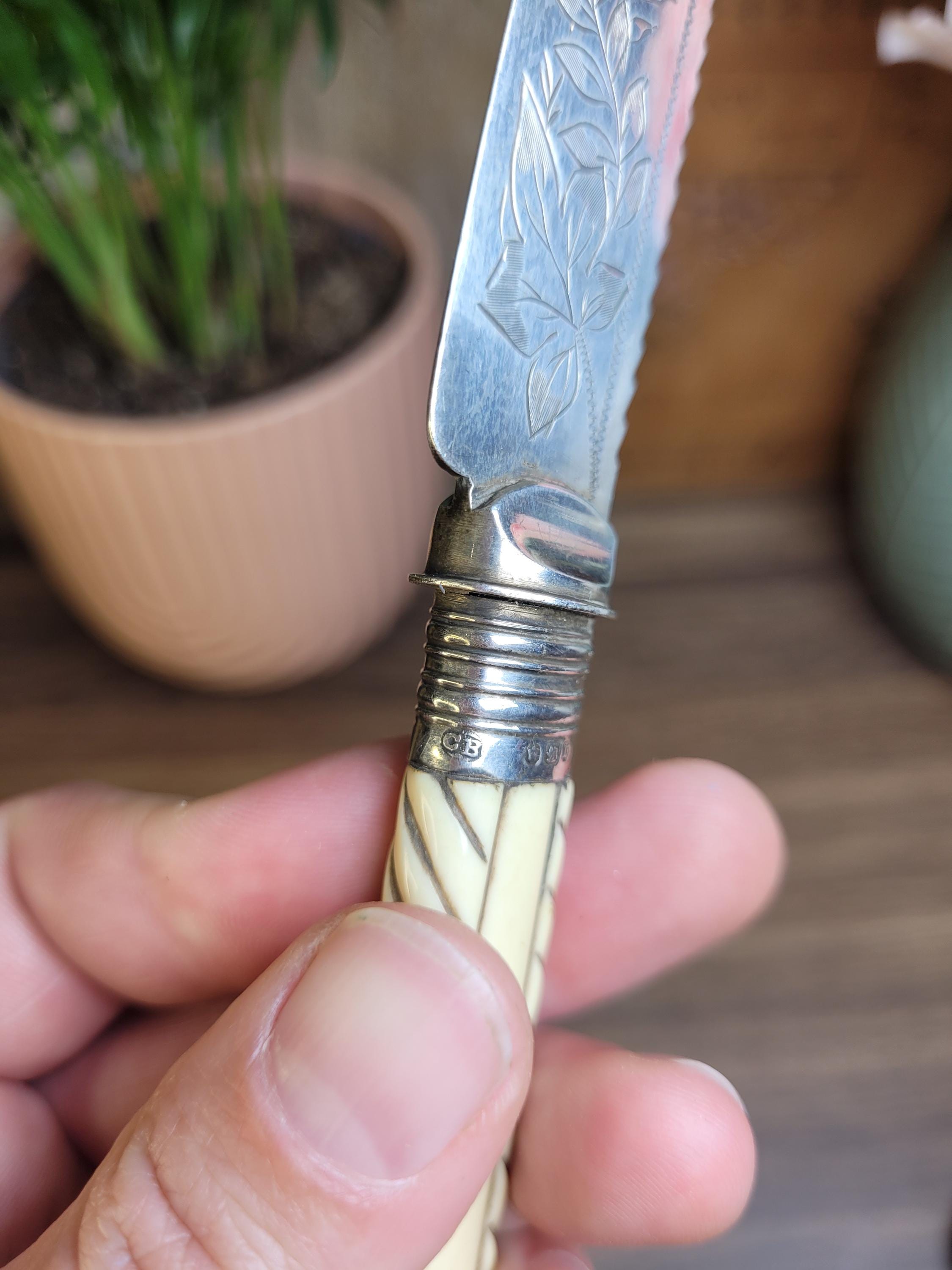 Antique Butter Knife and Serving Spoon, Carved Effect Handle