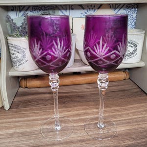 Pair of  Vintage Long Stemmed Purple Cut Too Clear Wine Glasses - Aubergine Hock Drinking Goblets - Wedding Gift