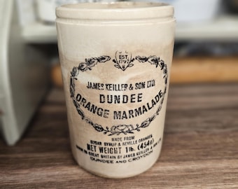 Vaso per marmellata antico in pietra ferrosa James Keiller & Sons Dundee, oggetto decorativo per la casa, vaso, pubblicità vintage per la cucina.