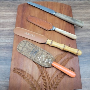 Juego de cuchillos de fruta vintage, mango de baquelita y madera, cubiertos de recuerdo