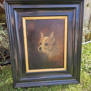 Antique Oil on Board Painting of Terrier Dog 1887, Antique Dog Oil Painting