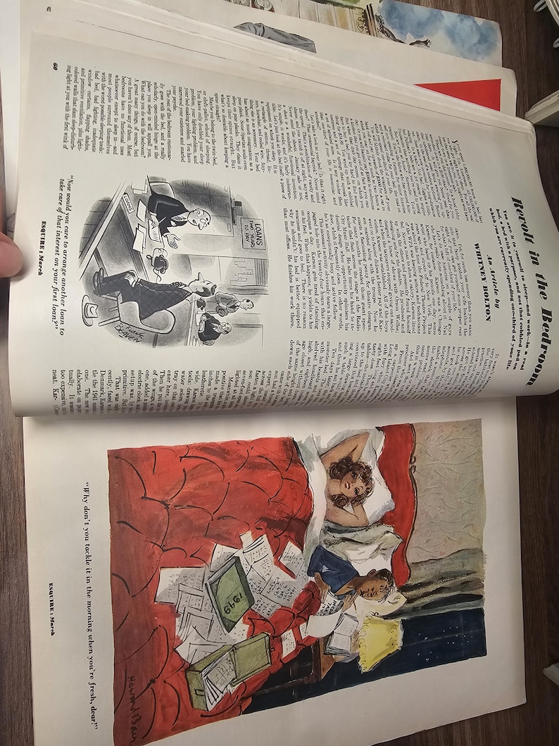 Puede incluir: Una p&aacute;gina de revista vintage con dos ilustraciones. Una muestra a un hombre en un escritorio discutiendo un pr&eacute;stamo, la otra representa a una pareja en la cama rodeada de papeleo. El texto incluye "Revolt in the Bedroom" y "ESQUIRE: March".