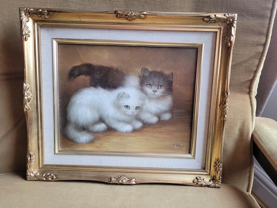 油絵　専用　ニットが大好きな猫　2 子猫のキャンバスに描かれた美しいヴィンテージ油絵、猫の絵画、子猫の