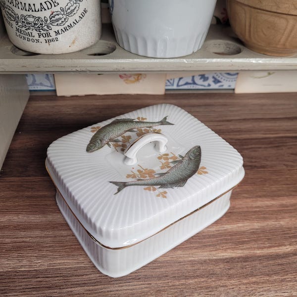 Victorian Continental Porcelain Sardine Lidded Dish,  Transferware Fish Detailing, Antique Kitchenalia
