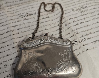 Antique EPNS Coin Purse - Hand Engraved Floral Design, Victorian Clutch