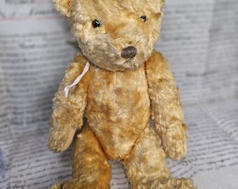 May include: A golden-brown teddy bear with textured fur, dark eyes, and a dark brown stitched nose. The bear features light-coloured fabric paw pads and a small white ribbon tied around its neck. The bear is shown in a seated position with visible seams.