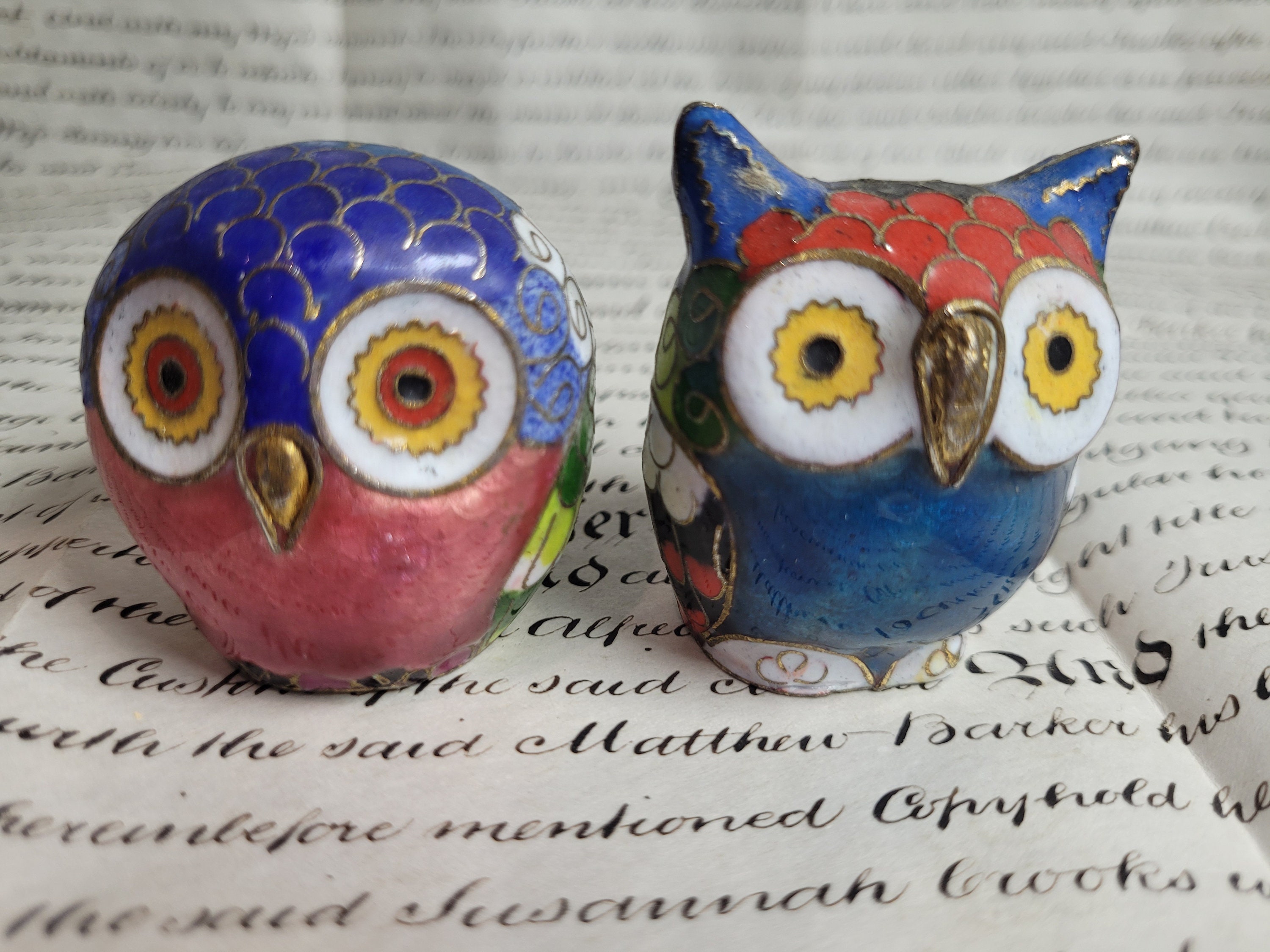 Vintage Brass Enamel Owl Figurines, Cute Owl Gift