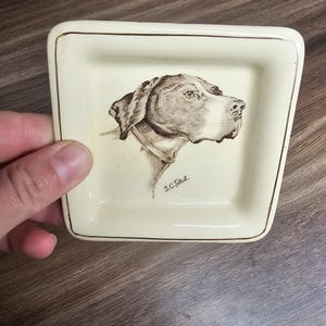 May include: A small, cream-coloured square dish with a brown border. The dish features a sepia-toned illustration of a dog's head in profile. The artist's signature, "S.C. Talbot," is visible on the dish.