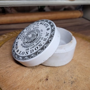 Antique Ironstone Advertising Pot Lid and Base Potted Meats, Army Navy Co-Op Society London, White Ironstone Pot
