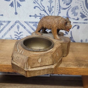 Antique Black Forest Carving Brown Bear, Novelty Antique, Bear Holding Dish,  Ashtray, Inkwell