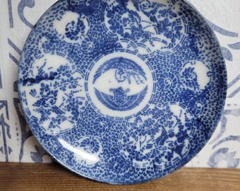 Japanese Meiji Period Blue and White dish Hand Painted with Flowers and Crane Birds