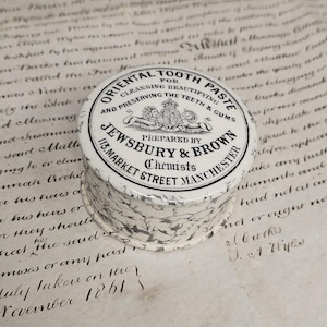 Antique Advertising Jewsbury & Brown Chemist Tooth Paste White Ironstone British Toothpaste Pot Lid and Base, London England Circa 1880s