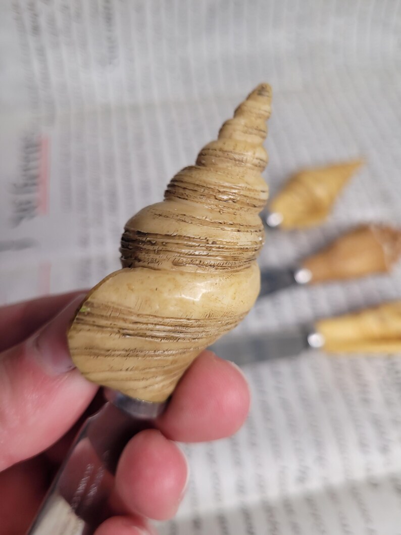 May include: A set of four wooden bottle stoppers shaped like seashells. The stoppers are made of light brown wood with a natural finish. Each stopper has a unique shape and size.