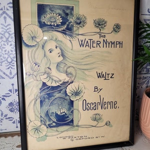 Cartel publicitario original antiguo para La ninfa del agua, Vals de Oscar Verne, Cartel coleccionable, Art Déco, Firmado por Minnie Gardner