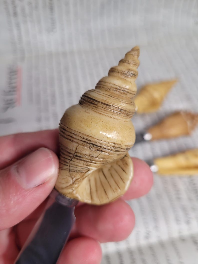 May include: A close-up of a seashell bottle opener. The seashell is a light brown color and has a spiral shape. The bottle opener is made of metal and has a black handle.