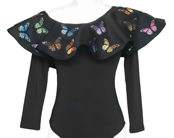 Nashira Style Ruffle Shoulder Butterflies Bodysuit, Long Sleeve Bodysuit, Embroidery Butterfly, Unique Bodysuit