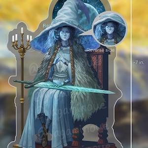 May include: A blue and white character with a pointed hat and a sword sits on a throne. The character has a long, flowing robe and a stern expression. The background is a starry night sky. The image is approximately 7 inches tall.