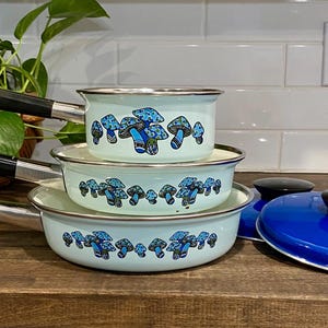 Può includere: Un set di tre pentole smaltate blu e bianche con disegni di funghi e un coperchio smaltato blu. Le pentole sono impilate l'una sull'altra.