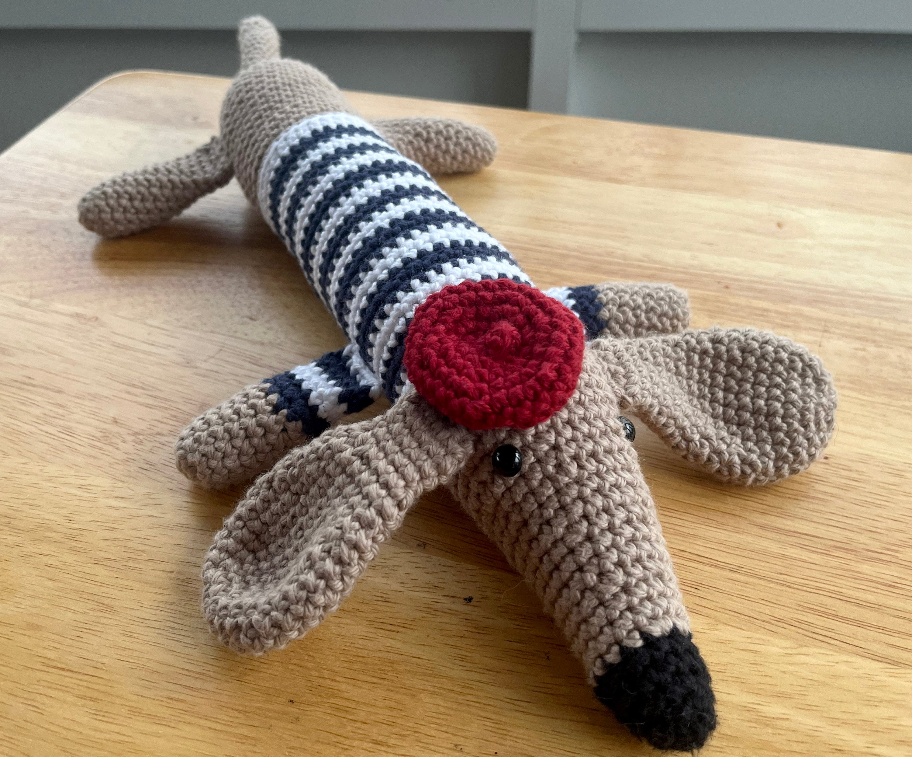 Crocheted Weiner Dog - Amigurumi Stuffed Dog with Striped Sweater and Beret Made with 100% Cotton Yarn - Thumbnail 4