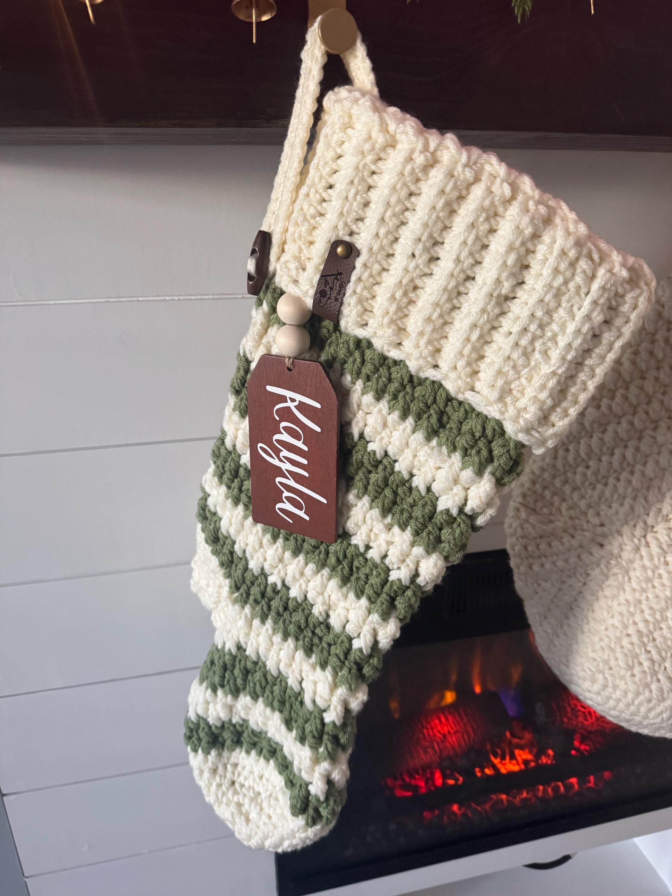Handmade Crochet Elf Stocking - Size Small - Striped Christmas Stocking, Rustic Farmhouse Holiday Decor - Thumbnail 2