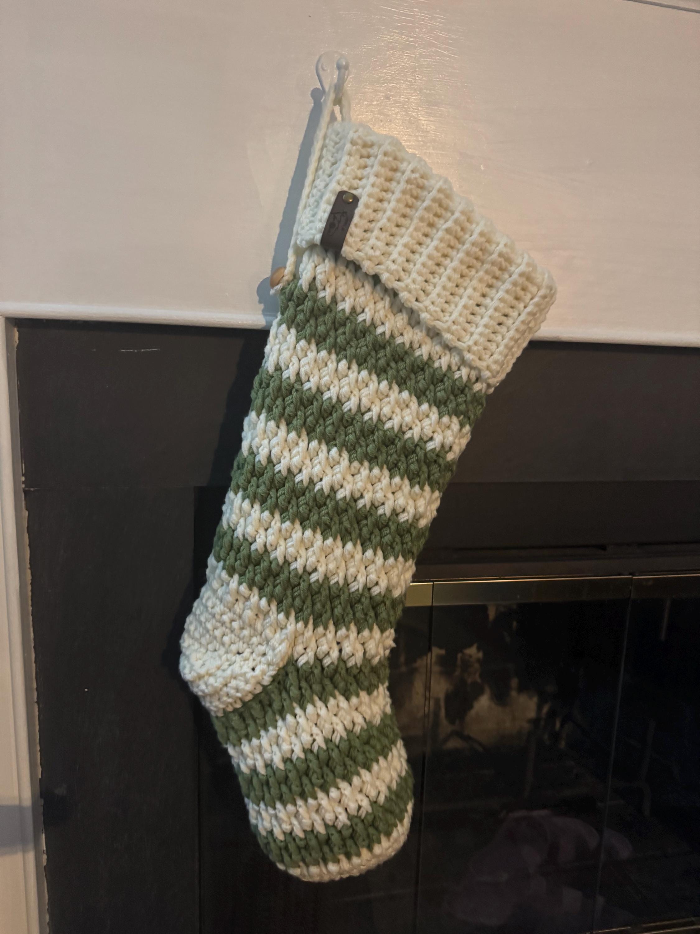 Handmade Crochet Elf Stocking - Size Large - Striped Christmas Stocking, Rustic Farmhouse Holiday Decor - Image 1