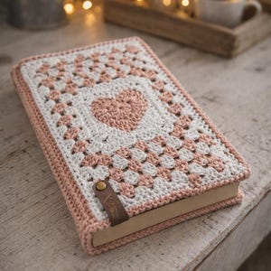 May include: A rectangular book cover made of crocheted yarn in soft pink and white colors. The design features a central heart motif surrounded by a granny square pattern. A small brown leather tab with a metal rivet is attached to the side edge.