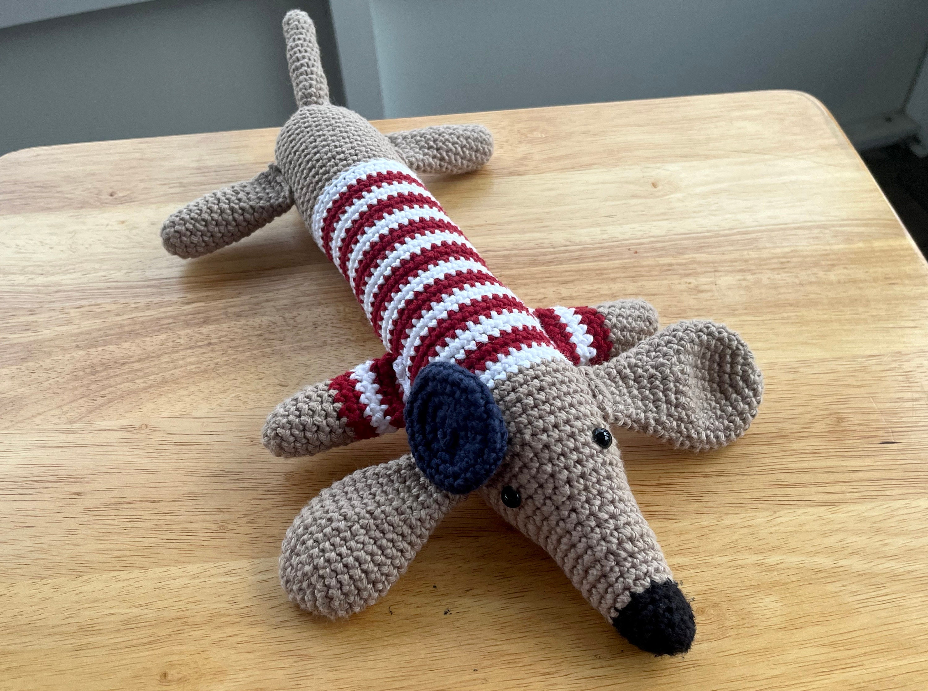 Crocheted Weiner Dog - Amigurumi Stuffed Dog with Striped Sweater and Beret Made with 100% Cotton Yarn - Thumbnail 5