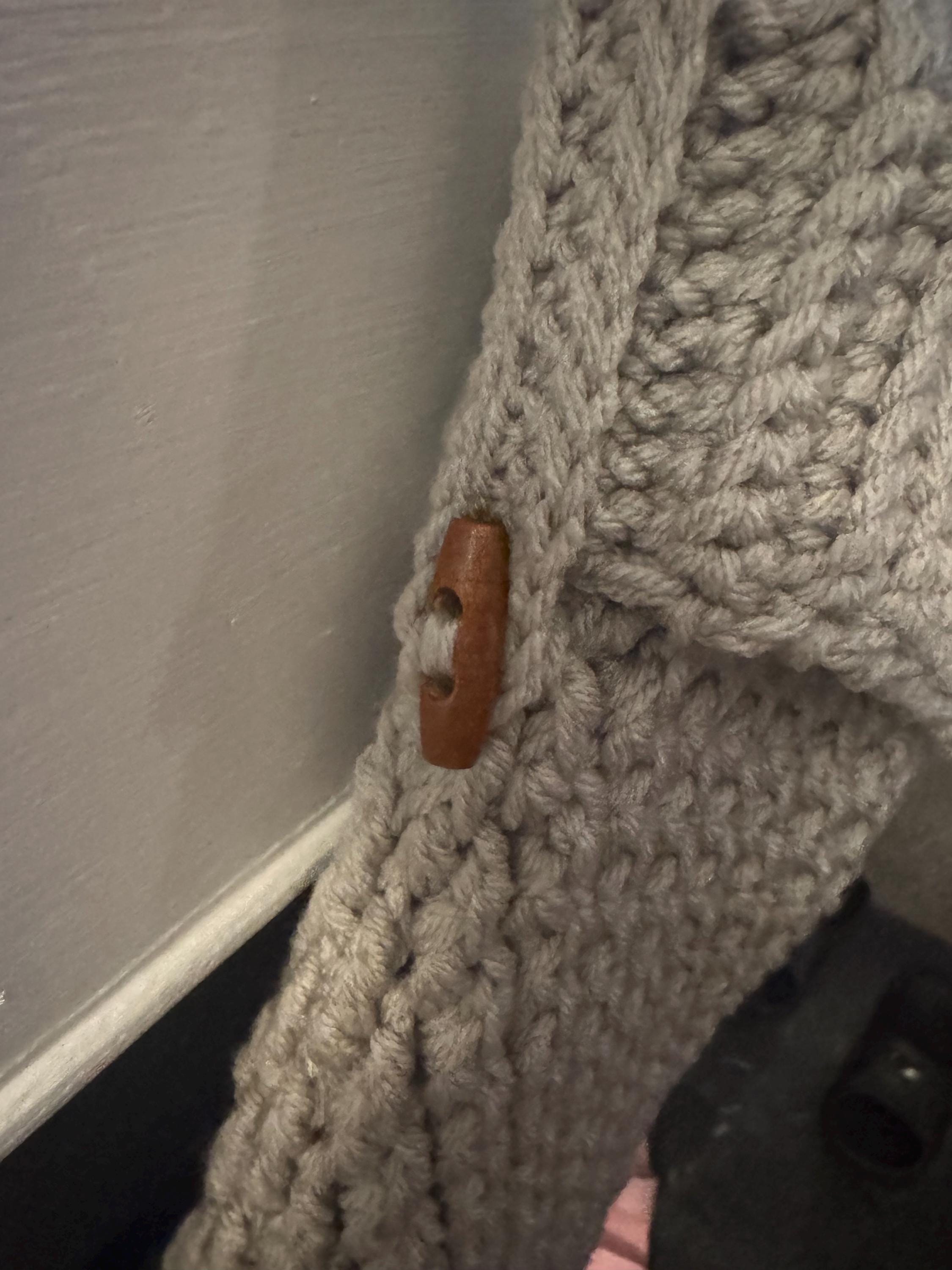 Handmade Crocheted Winter Lodge Christmas Stocking, Size Medium, with Ribbed Cuff, Wooden Button & Hanging Loop - Neutral, Minimalist - Thumbnail 3