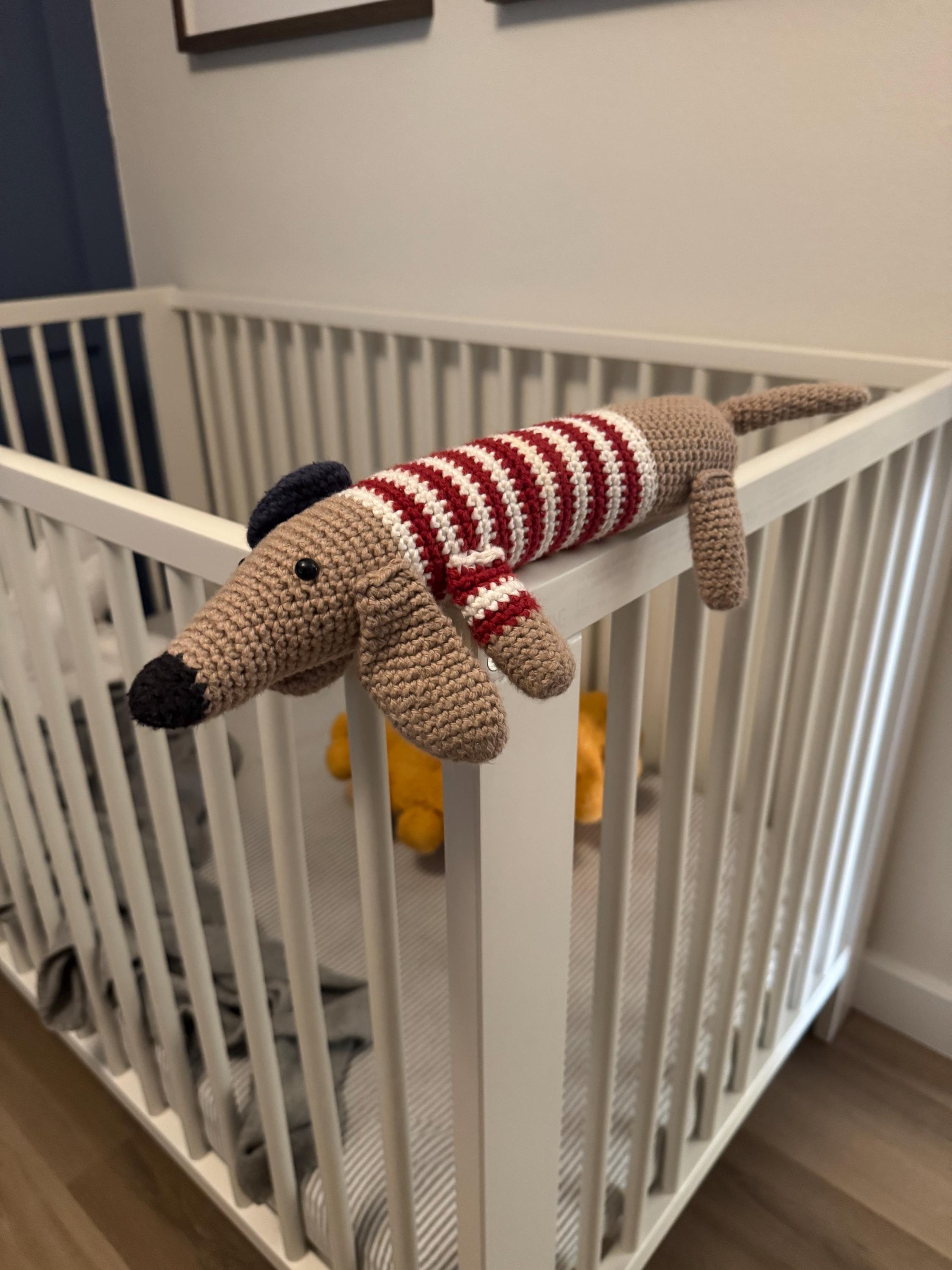 Crocheted Weiner Dog - Amigurumi Stuffed Dog with Striped Sweater and Beret Made with 100% Cotton Yarn - Thumbnail 3