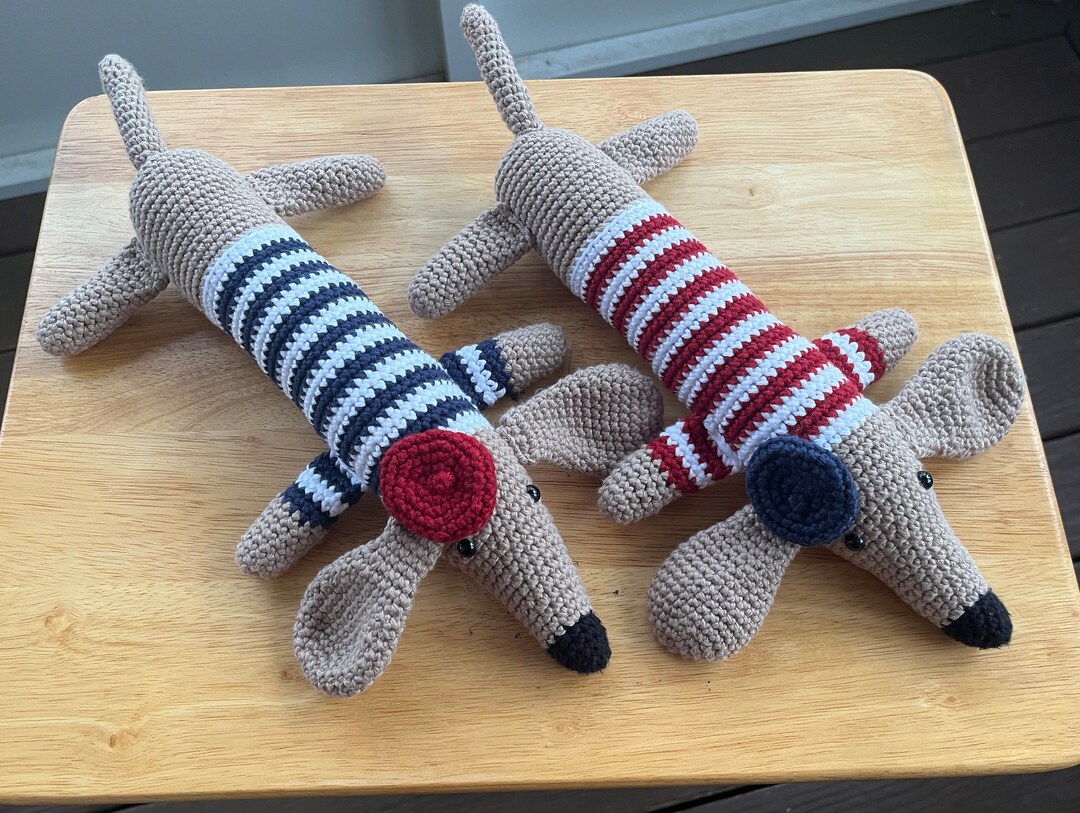 Crocheted Weiner Dog Amigurumi Stuffed Dog With Striped Sweater and Beret Made With 100 Cotton