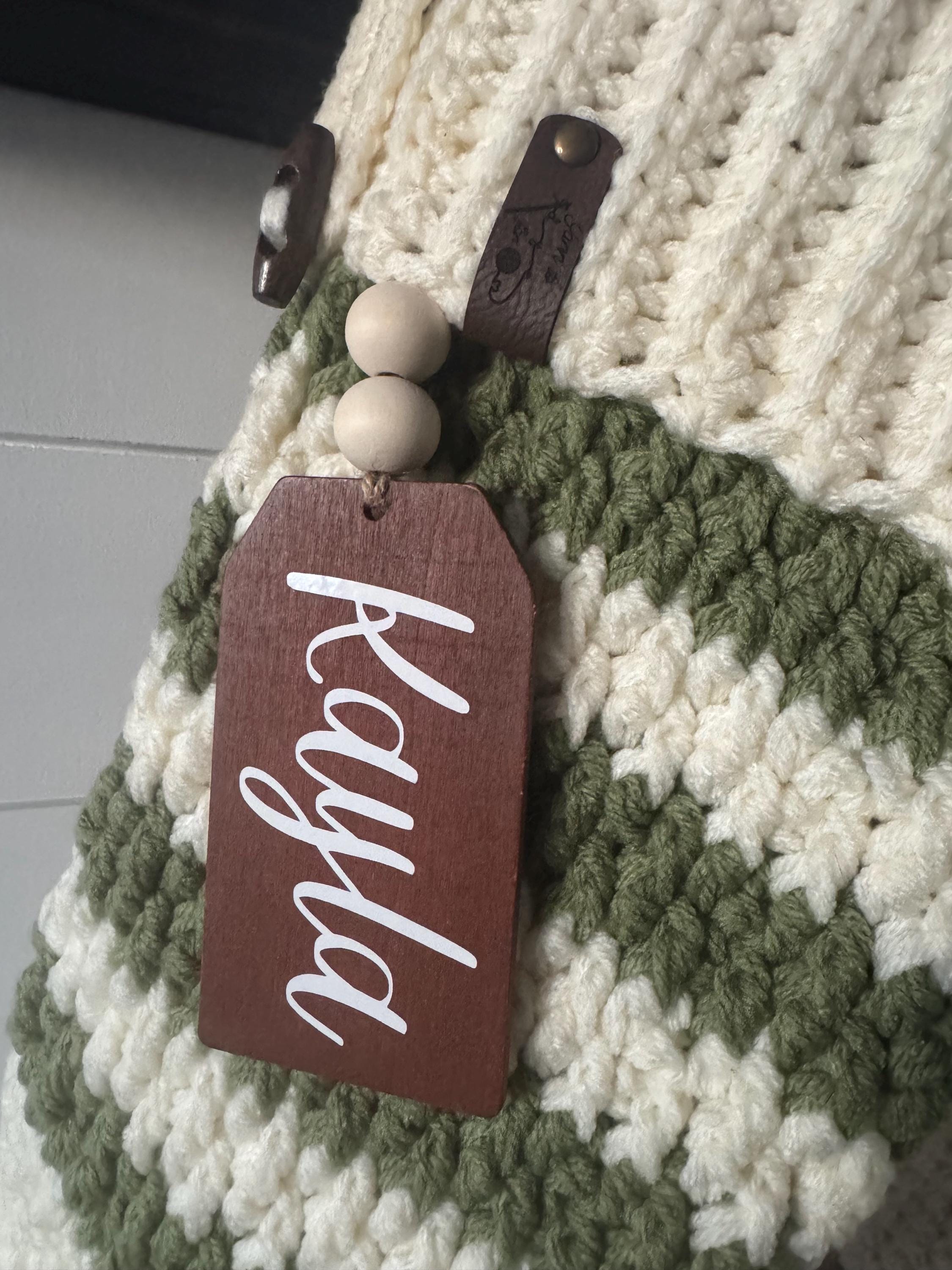 Handmade Crocheted Winter Lodge Christmas Stocking, Size Medium, with Ribbed Cuff, Wooden Button & Hanging Loop - Neutral, Minimalist - Thumbnail 4