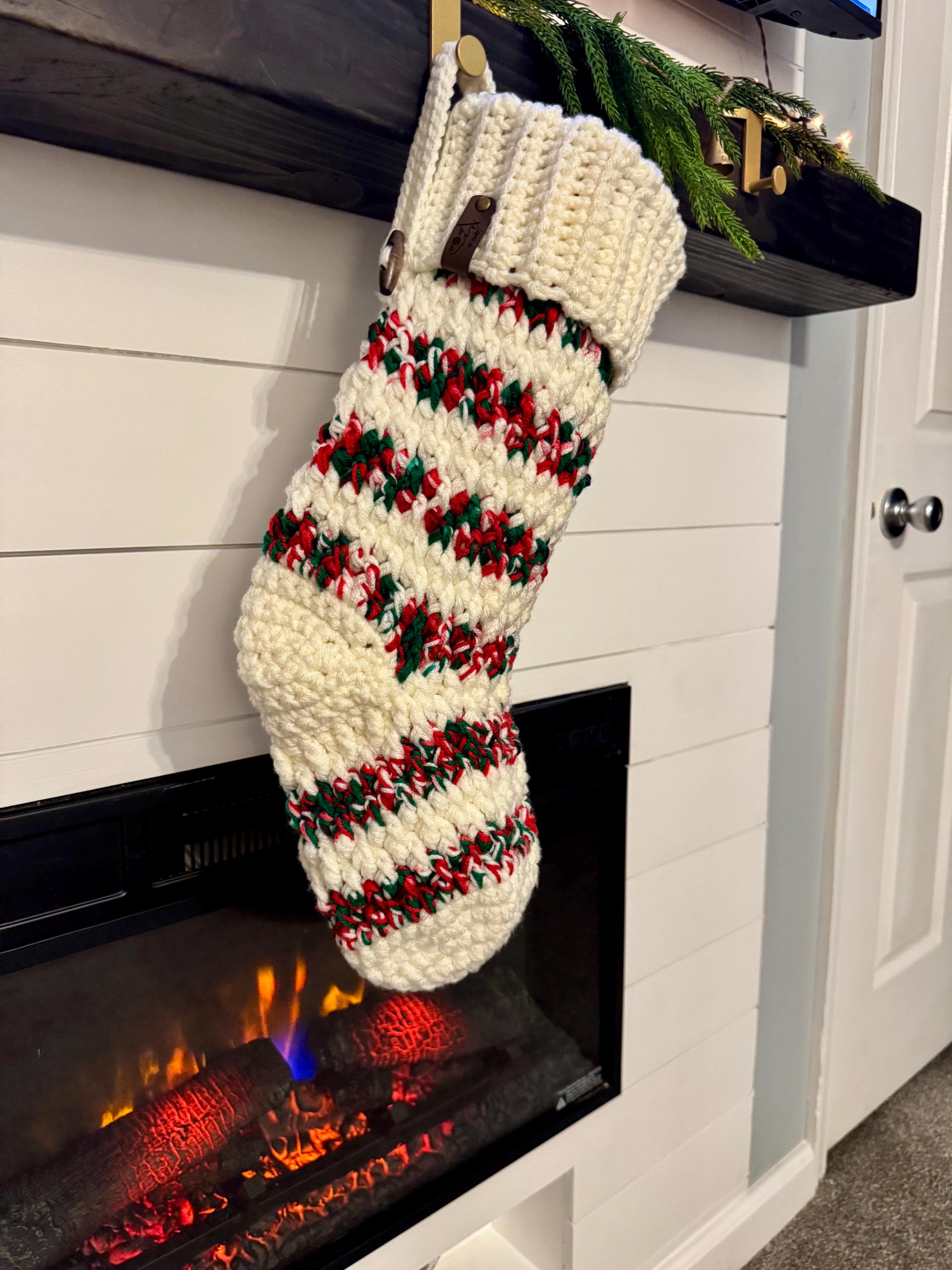 Handmade Crochet Elf Stocking - Size Medium - Striped Christmas Stocking, Rustic Farmhouse Holiday Decor - Thumbnail 6