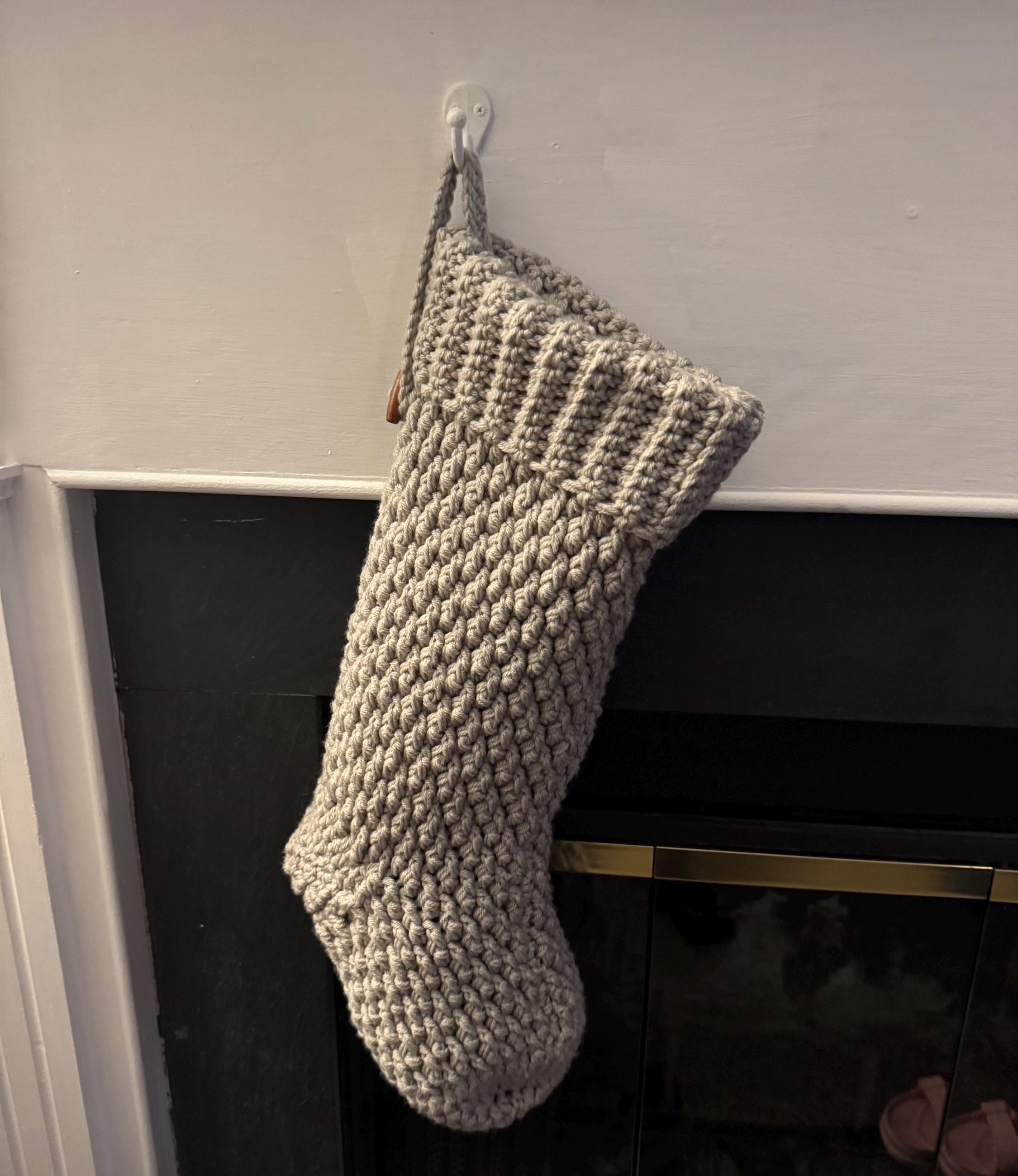 Handmade Crocheted Winter Lodge Christmas Stocking, Size Medium, with Ribbed Cuff, Wooden Button & Hanging Loop - Neutral, Minimalist