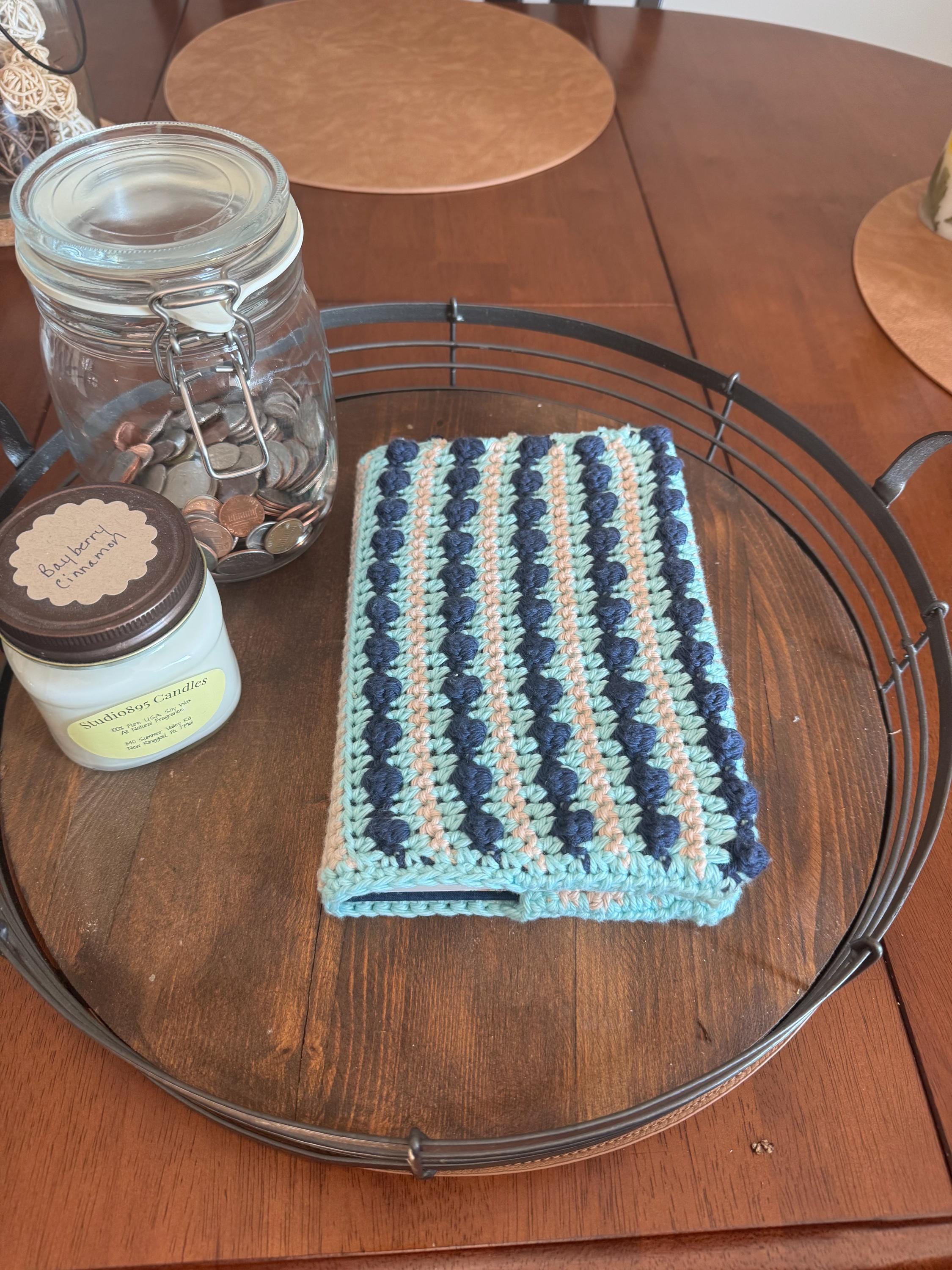 Custom Size & Color Crochet Striped Bobble Stitch Book Cover – Handmade Reusable Sleeve for Journals, Novels, or Planners — Cover Only