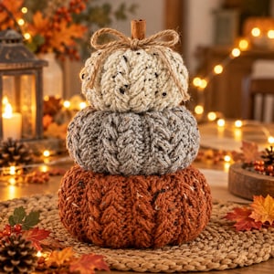 May include: A stacked decorative pumpkin set featuring three crocheted pumpkins in cream, grey, and burnt orange. Each pumpkin has a textured cable knit pattern and a cinnamon stick stem tied with a thin jute twine bow at the very top.