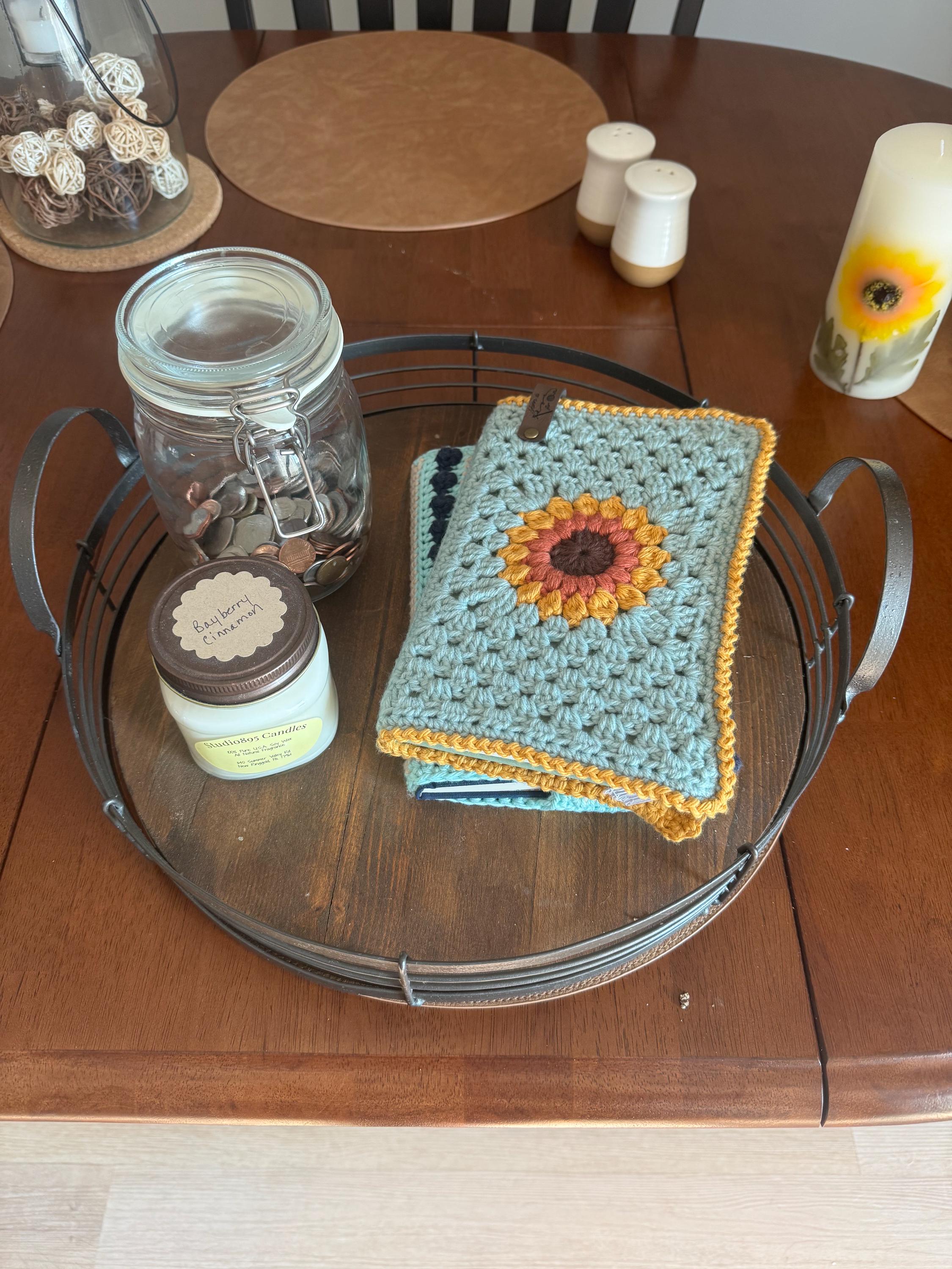 Custom Color Crochet Sunflower Book Cover with Journal – Handmade A5 Reusable Notebook Sleeve