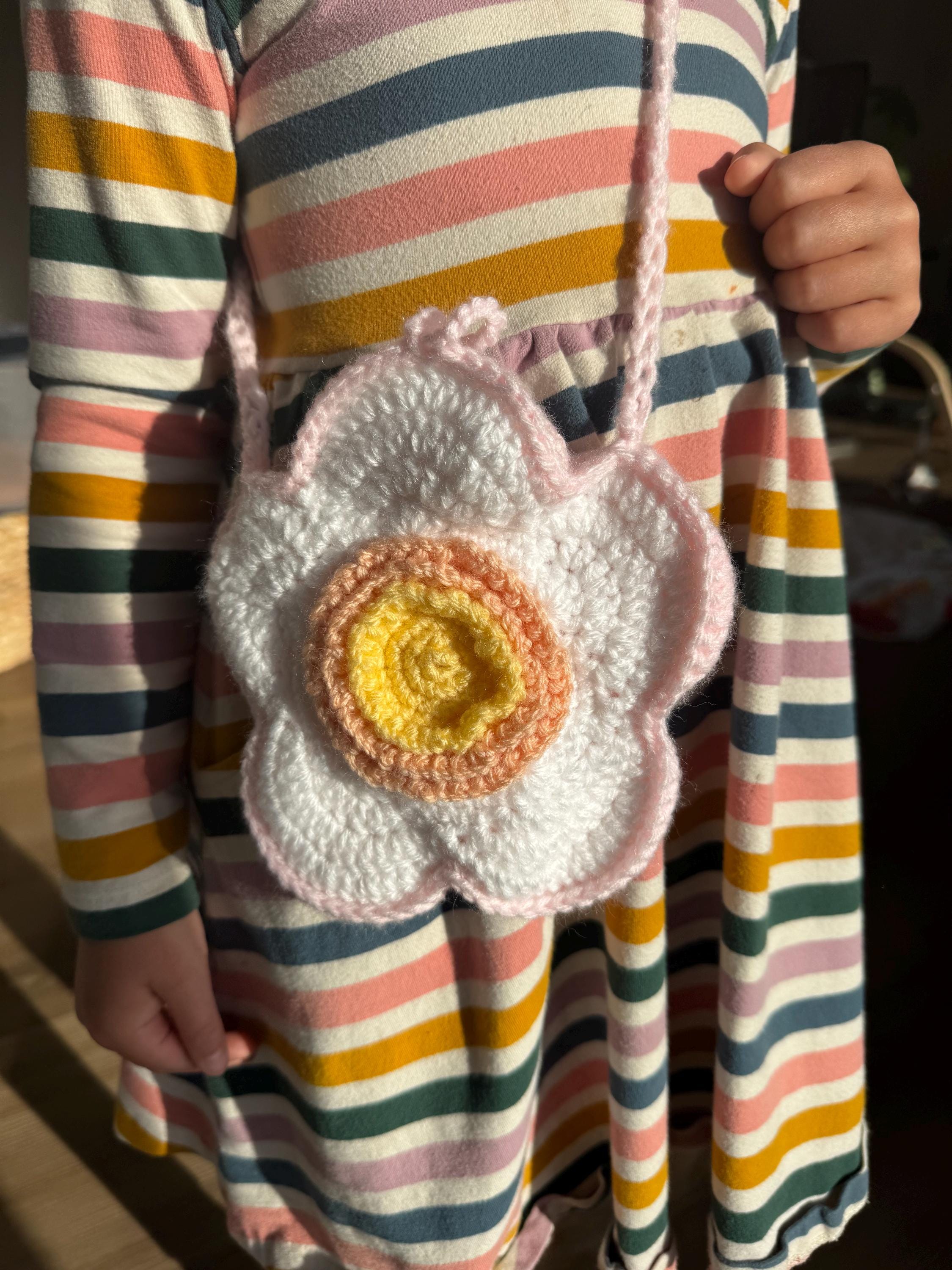 Crochet Flower Purse – Handmade Petal Bag • 5" Round • 37" Strap • Kids Shoulder Bag • Button Closure • Gift for Girls • Boho Accessory