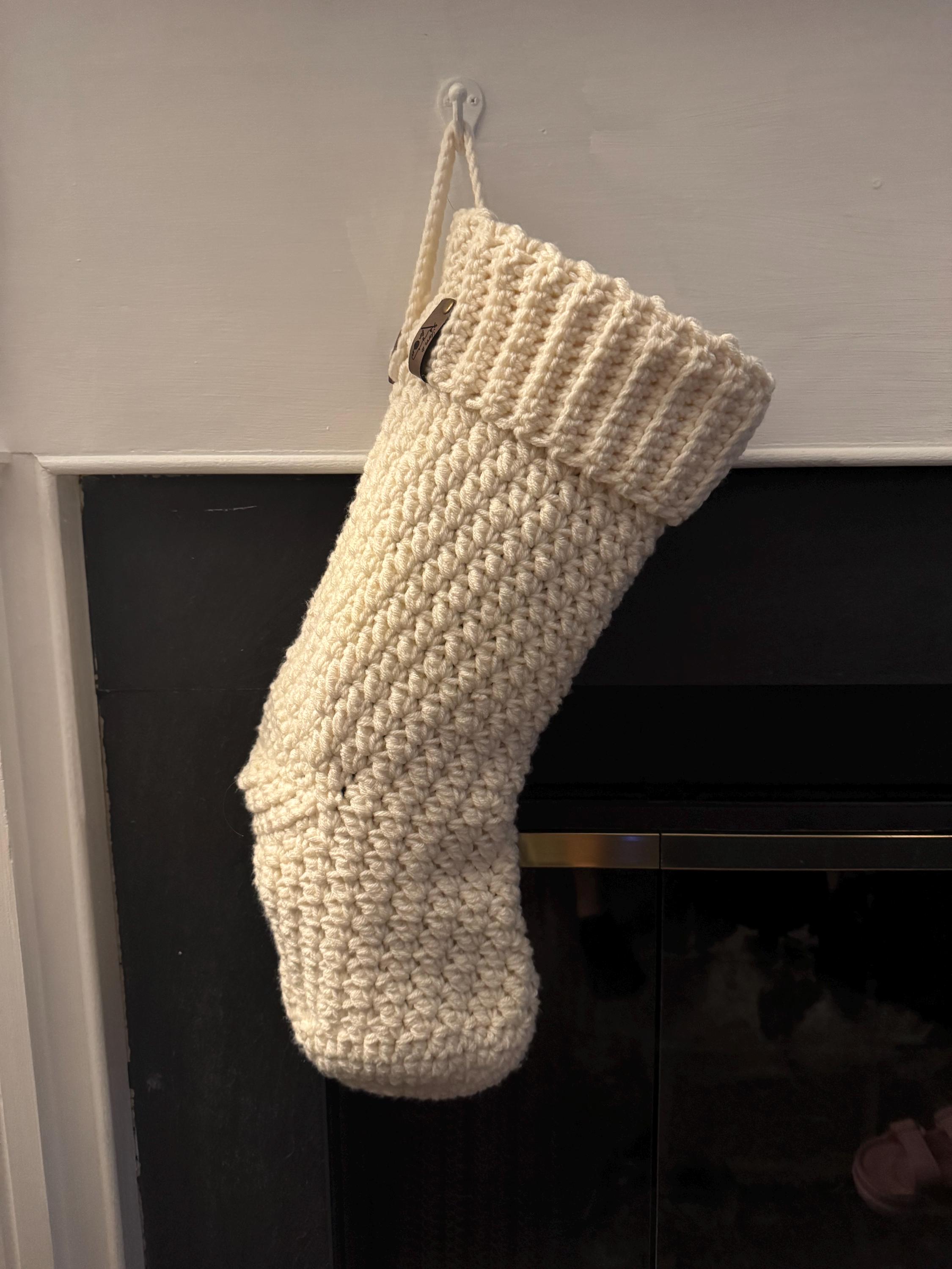 Farmhouse Christmas Stocking with Ribbed Cuff, Size Large, Handmade and Crocheted Holiday Stocking, Farmhouse stocking with hanging loop and wooden bead - Image 1