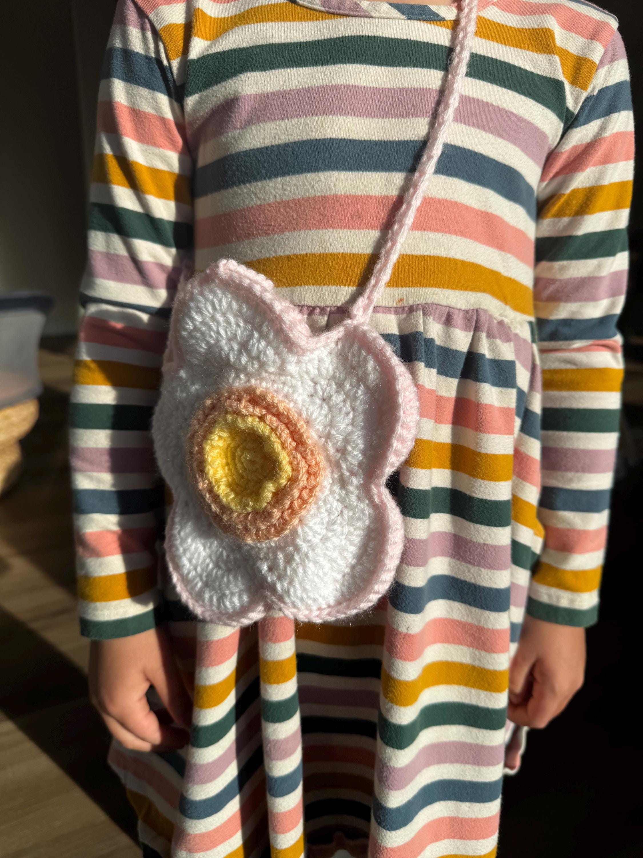 Crochet Flower Purse – Handmade Petal Bag • 5" Round • 37" Strap • Kids Shoulder Bag • Button Closure • Gift for Girls • Boho Accessory - Thumbnail 2