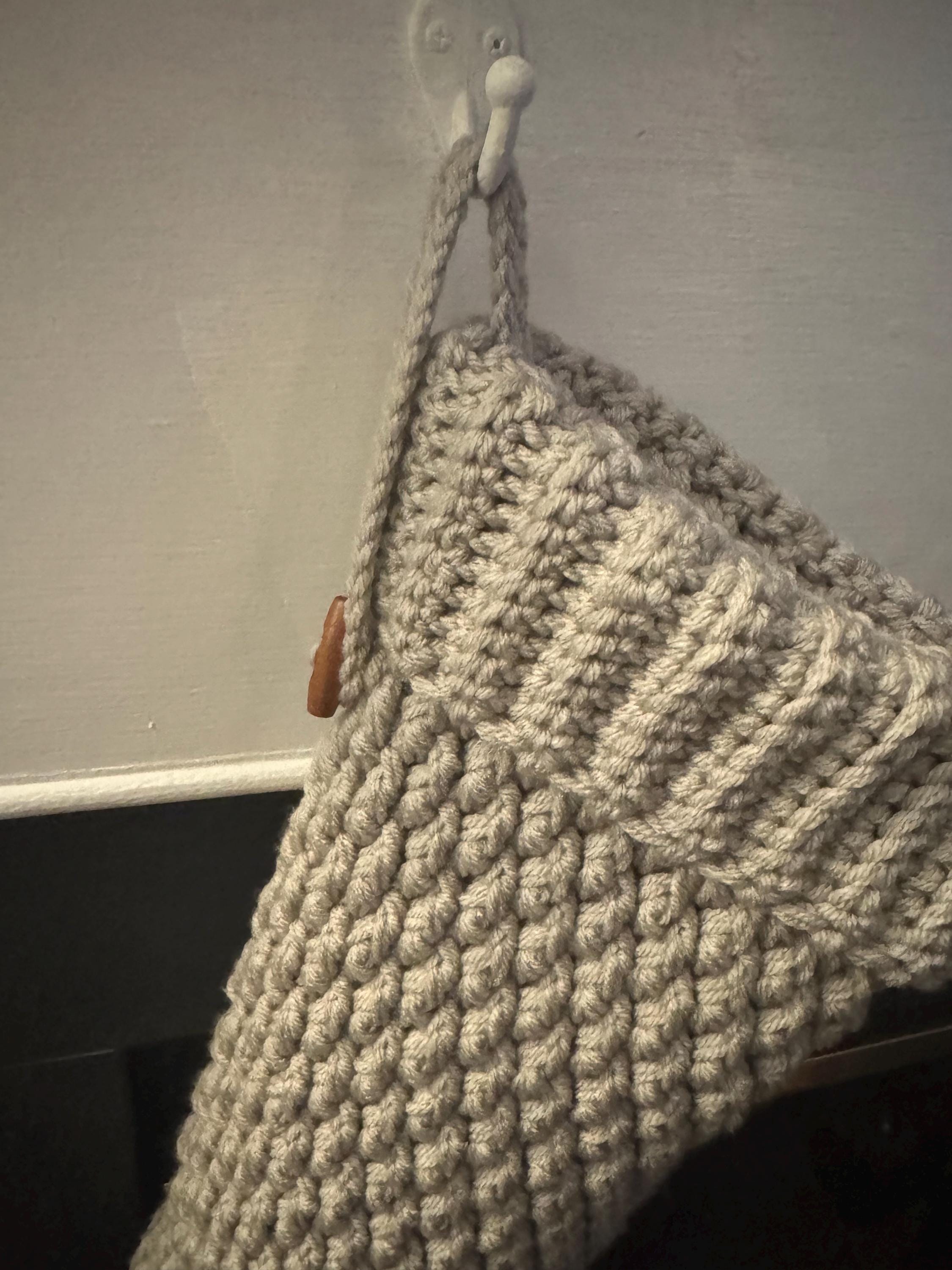 Handmade Crocheted Winter Lodge Christmas Stocking, Size Medium, with Ribbed Cuff, Wooden Button & Hanging Loop - Neutral, Minimalist - Thumbnail 2
