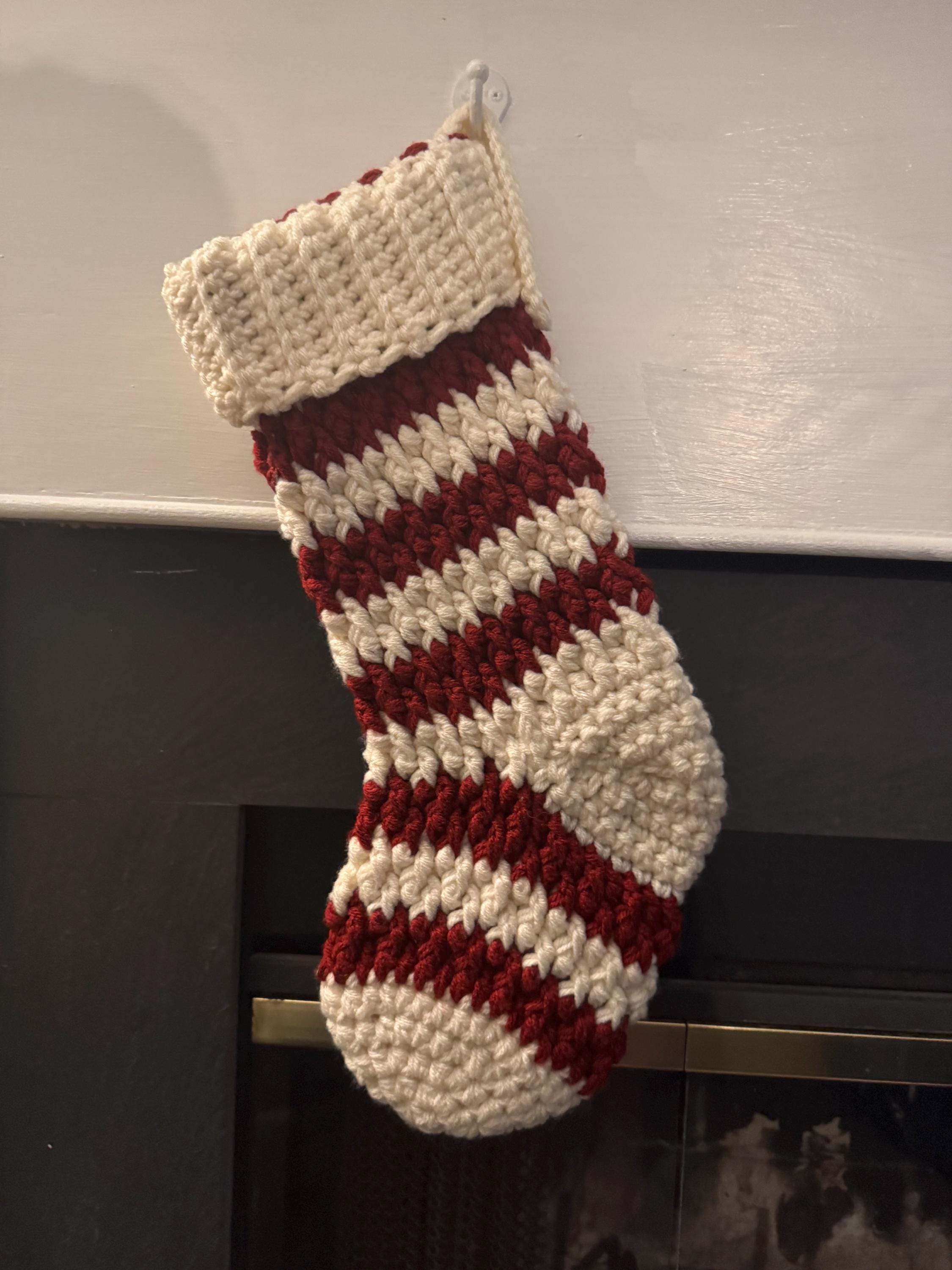 Handmade Crochet Elf Stocking - Size Medium - Striped Christmas Stocking, Rustic Farmhouse Holiday Decor - Thumbnail 4