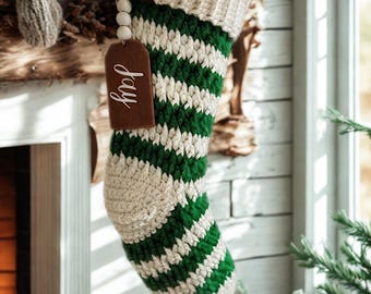 Handmade crochet elf stocking - striped Christmas stocking, rustic farmhouse holiday decor
