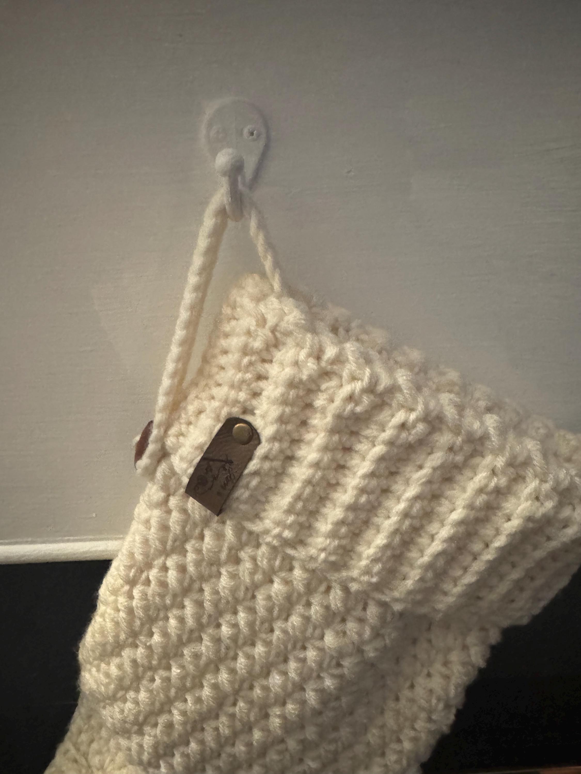 Farmhouse Christmas Stocking with Ribbed Cuff, Size Medium, Handmade and Crocheted Holiday Stocking, Farmhouse stocking with hanging loop and wooden bead - Thumbnail 2