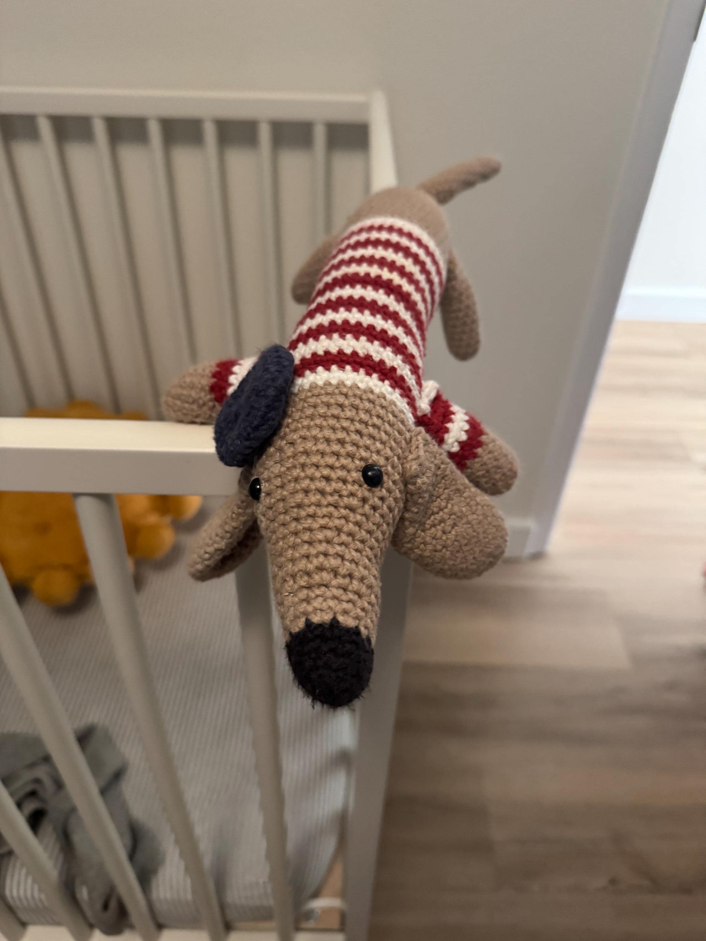 Crocheted Weiner Dog - Amigurumi Stuffed Dog with Striped Sweater and Beret Made with 100% Cotton Yarn - Thumbnail 2