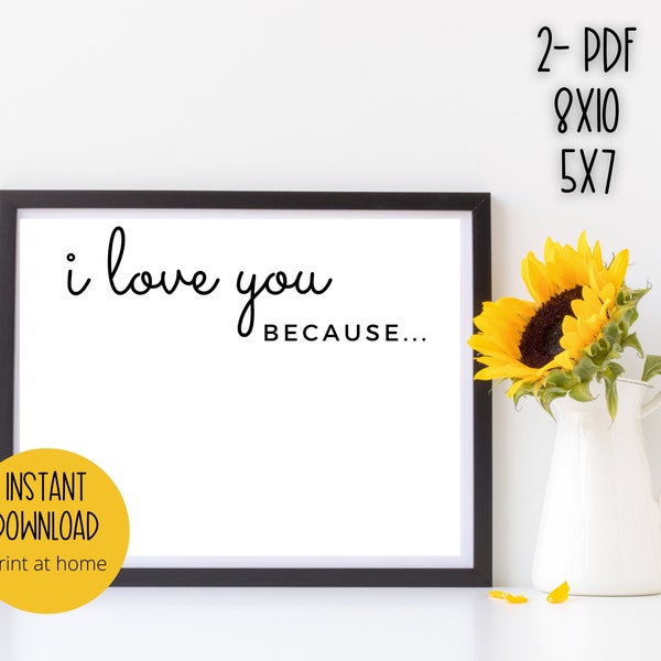 Love Note Printable Sign, I love you because, reasons I love you, love, written message, husband message, kids message, Valentine