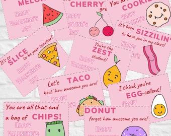 May include: A set of ten pink Valentine's Day cards with different food puns. Each card features a cartoon illustration of a food item with a punny message. The cards are perfect for teachers, classmates, or friends.