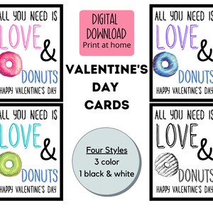 Donut Valentine, All You Need is Love & Donuts, Valentines Day Cards, printable valentines, kids Valentines Cards,
