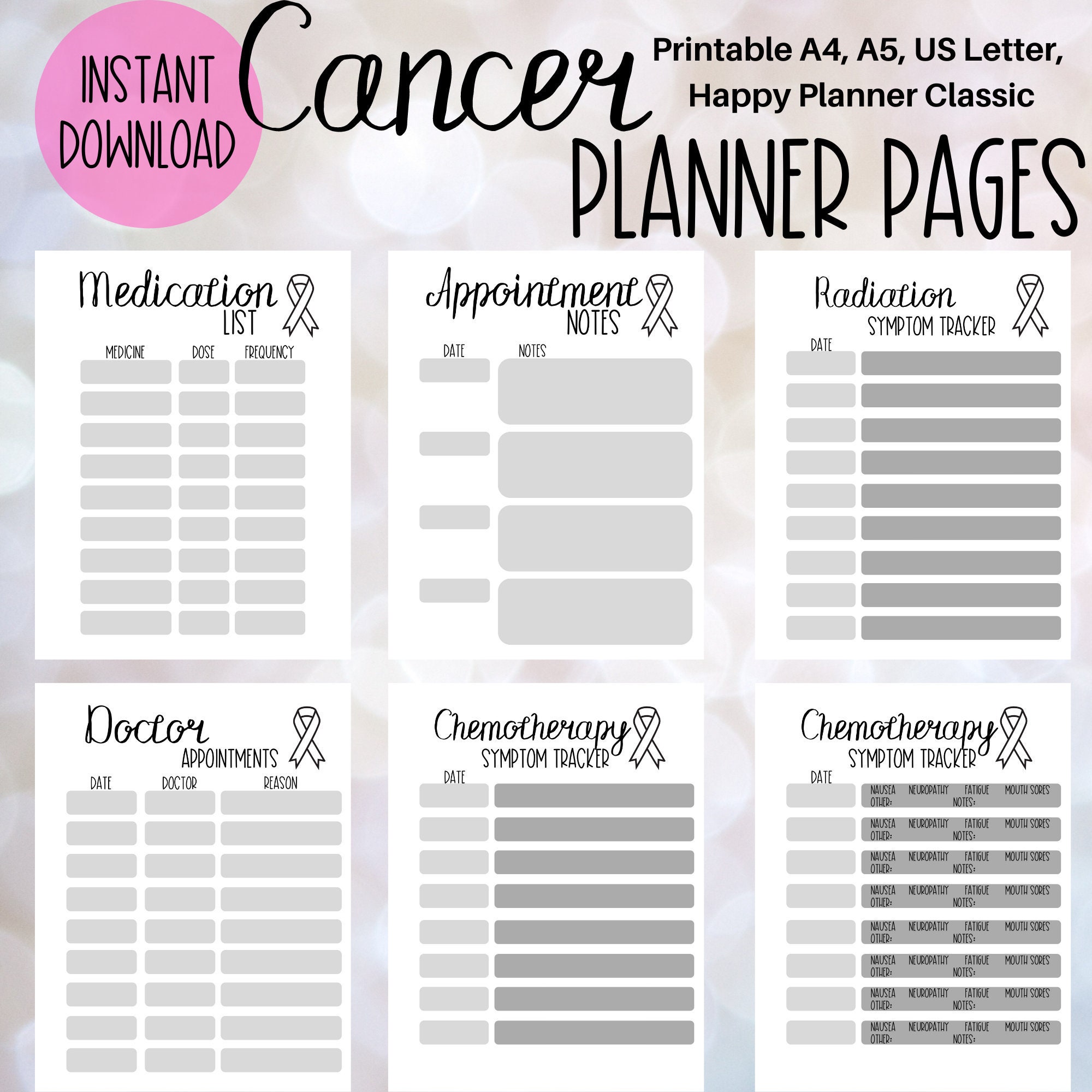 Printable Cancer Planner Bundle Chemotherapy Planner Inserts Radiation 