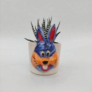 May include: A white ceramic planter shaped like a cartoon bunny face with blue ears, orange fur, and a red mouth. A small succulent plant with green and white striped leaves is growing in the planter.